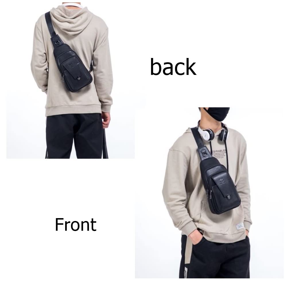 BULLCAPTAIN Leather Sling Bag for Men Multi-pocket Crossbody Chest Bag Travel Casual Shoulder Backpack (Black)