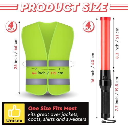 Kanayu 8 Pcs 16 Inch Signal Traffic Wand High Visibility Safety Vest Set Include 4 Reflective Safety Vest 4 Traffic Control Light Security Wands for Airport Parking(Neon Green)