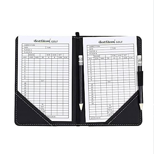 Golf Scorecard Holder - Black Waterproof Leather Cover with Straps