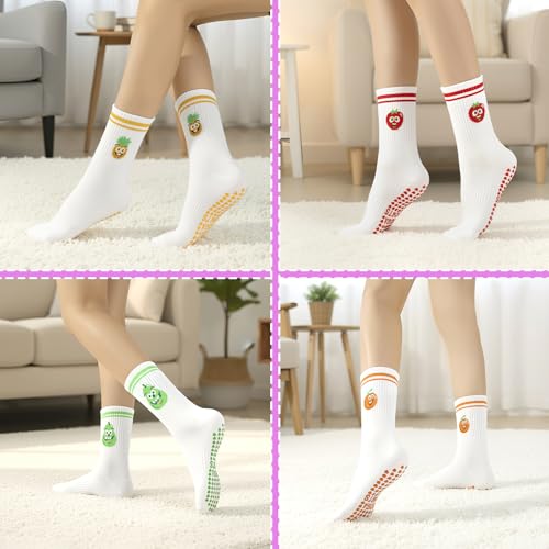 Non-Slip Pilates Socks for Women - Cute Fruit Pattern, 5 Pairs - Red, Purple, Yellow, Orange, Green