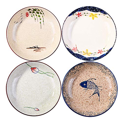 Ceramic Dinner Plate Set of 4, 8'' Salad Plates with Floral & Fish