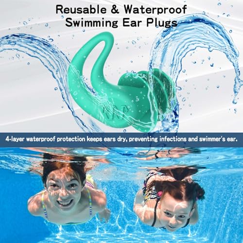Swimming Ear Plugs for Kids & Adults - 4 Pairs, Black+Green+Purple+Pink
