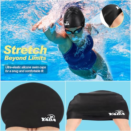 Silicone Swim Cap for Adults - 2 Pack with Ear Plugs, Black & Rose Red