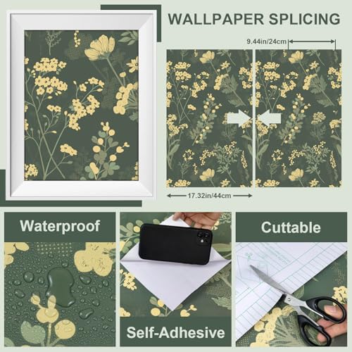 Sage Green Peel and Stick Wallpaper A Set of 17.3"x120" Floral Contact Paper for Cabinets Green Leaf Removable Wallpaper Waterproof Self-adhesive Decorative Wall Paper for Shelf Drawer Bathroom Walls