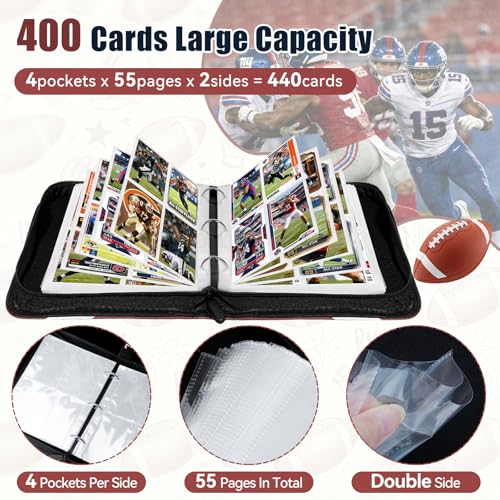 Komirom 440-Pocket Football Card Binder with 55 Removable Sleeves – Sports Card Holder, 3-Ring, Wristband