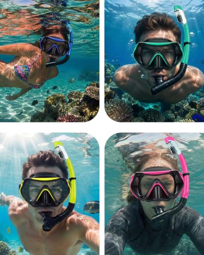DIPUKI Dry Snorkel Mask Set for Adults, 2 Pack (Black + Pink) with Anti-Splash Top Valve