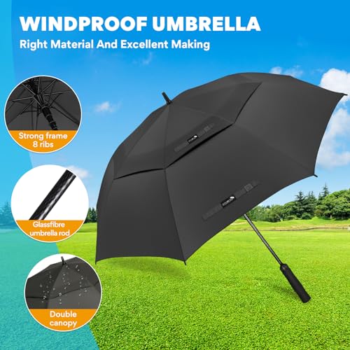 Large Windproof Golf Umbrella - 62 Inch Double Canopy - Black