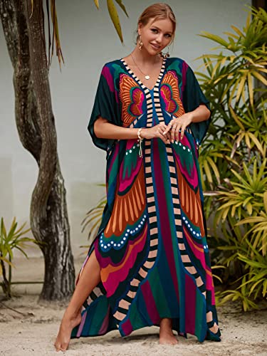 Sunforyou Women's Butterfly One Size V-Neck Batwing Sleeve Kaftan Dress Beach Cover Up