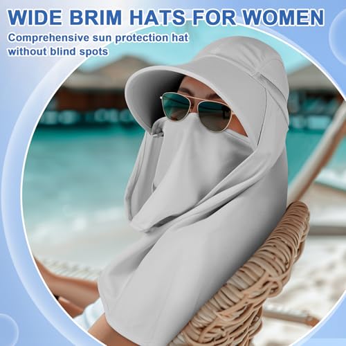 Women’s Sun Hat with Neck Flap - Grey - Detachable Face Mask