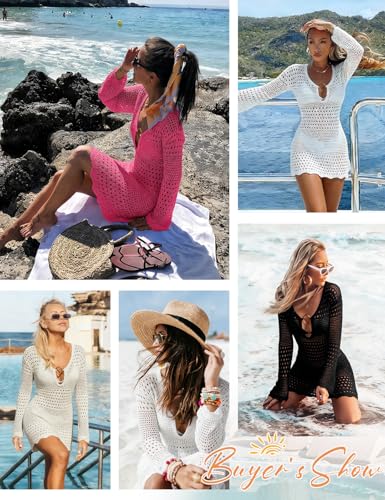 UMIPUBO Women's Black Medium Knit Crochet Beach Cover Up Deep V Neck Swim Dress