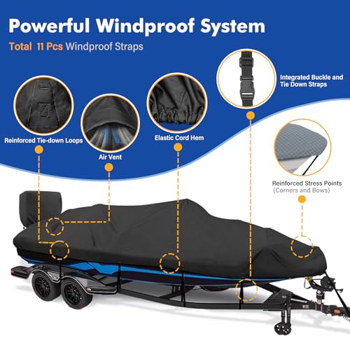 Heavy Duty Waterproof Boat Cover 16-18.5 ft V-Hull, Black