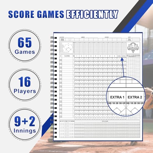 Premium Baseball Softball Scorebook - Blue, 65 Games, Hard Cover