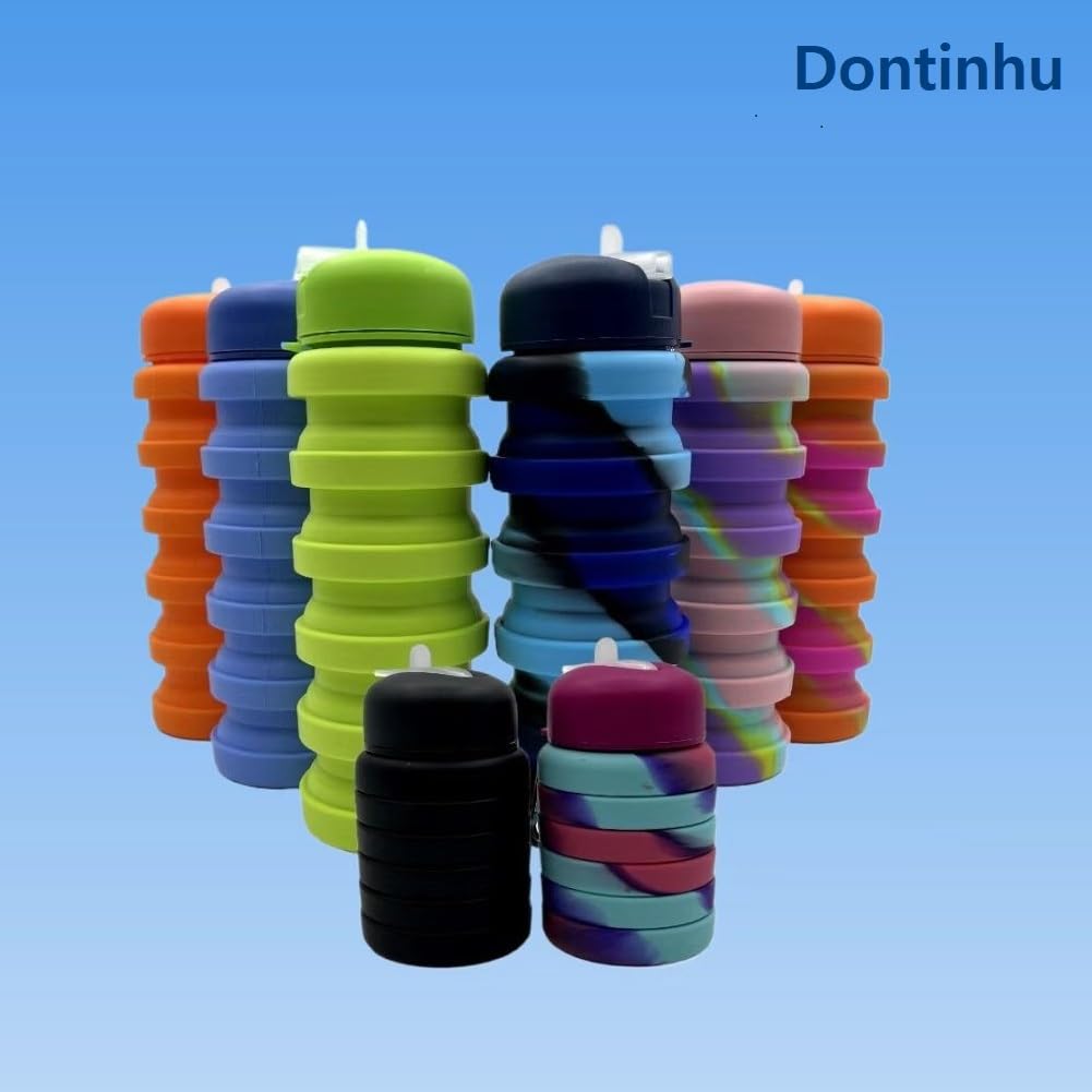 Dontinhu Collapsible Water Bottles 2 Pack 16oz(about 500ml), Travel Portable Sport Water Bottle, Silicone Foldable Water Bottles for Gym Camping Outdoor Hiking. (Orange Camouflage+Rose Red)