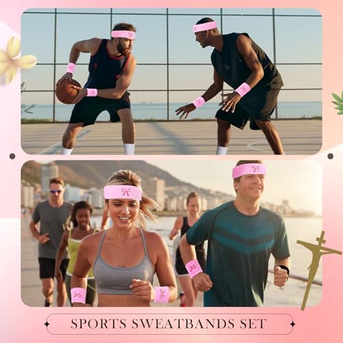 Sports Headband & Wristband Set - Pink Bow Theme - 6 Pcs
