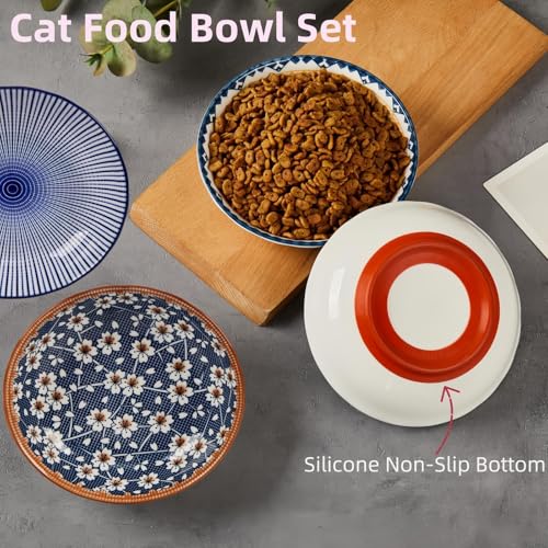 Blue Ceramic Cat Food Bowls Set of 3 - Whisker Friendly, Non-Slip, 8oz