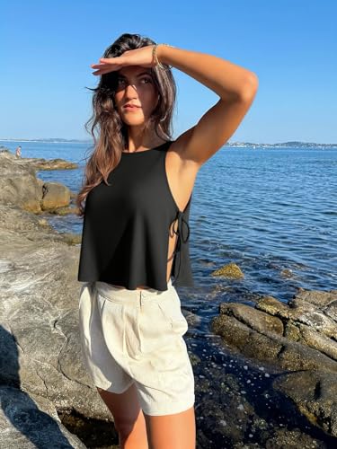 Women's Sleeveless Workout Tank Top with Side Tie - Black, Small