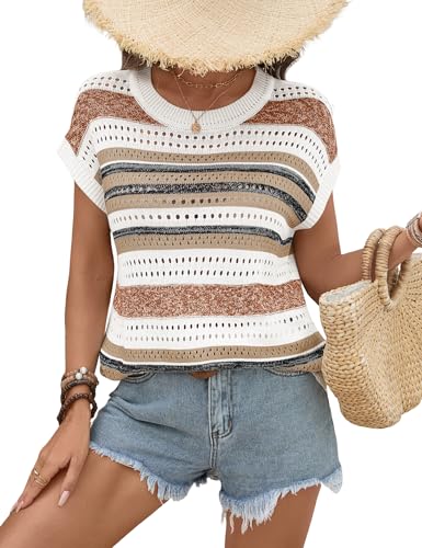 Loose Fit Crochet Cap Sleeve Sweater - Khaki Stripe, Large