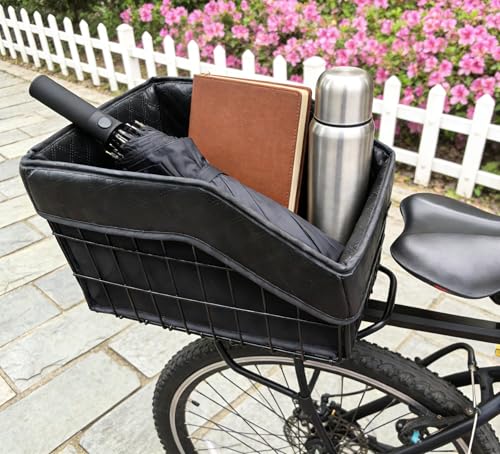 Wocaixy Large Folding Bicycle Rear Basket with Leather Liner & Waterproof Cover - Universal Fit, Heavy-Duty Metal, Supports 25kg, Includes Cargo Net & Reflective Rain Cover (Basket + Inner Bag)