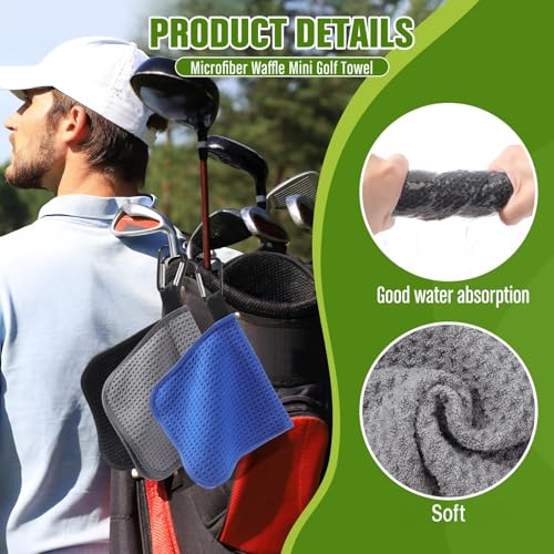 Batiyeer 5 Pack Small Golf Towels with Clip - Microfiber Waffle-Pattern, Portable 5.5 x 5.5 Inch for Men & Women, Gift Set (Black, Gray, Blue)