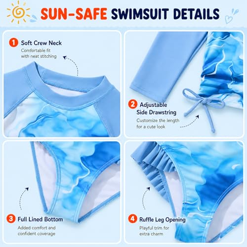 Girls Long Sleeve Rash Guard Swimsuit 2 Piece UPF 50+ - 11-12 Years