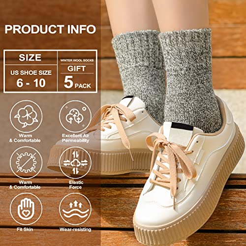 Thick Wool Socks for Women - 5 Pairs Cozy Hiking Crew Socks