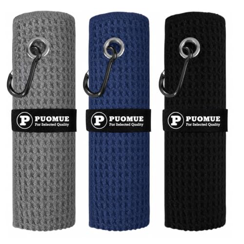 Waffle Microfiber Golf Towels with Carabiner Clip - 3 Pack - Multicolor