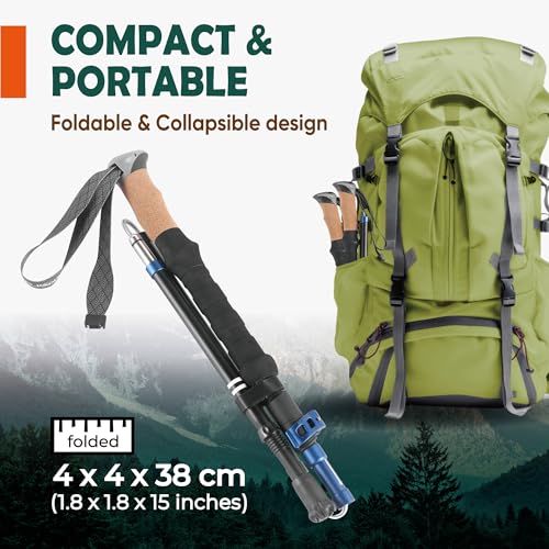 TREKOLOGY Trek-Z Collapsible Cork Grip Hiking Poles - Black with Blue
