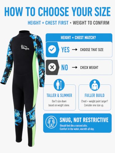 Kids Wetsuit 2.5mm Neoprene Full-Body Suit for Swimming & Surfing, Green, Size 10