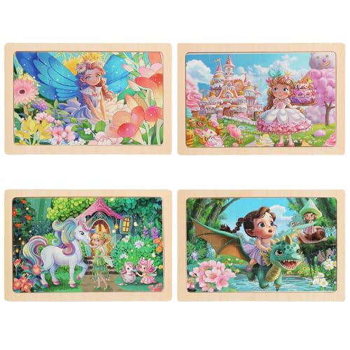 Wooden Puzzles for Kids - 4 Sets, 24 Pieces Each, Pink Princess Theme