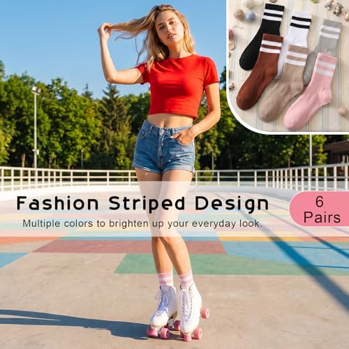 Women's Striped Crew Socks - Earthy Tone 2-Stripe, Cotton, 12 Pairs