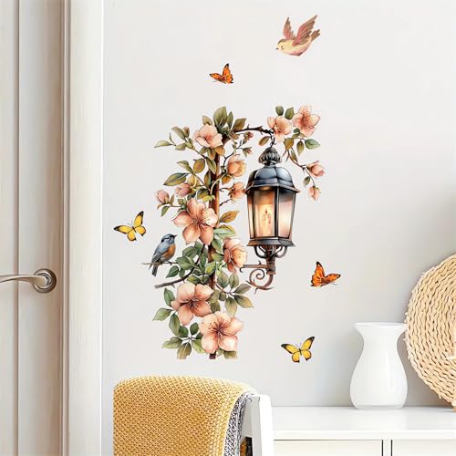 Street Lamp Flower Butterfly Wall Stickers, sacinora Streetlight Floral Art Wall Decals Removable Vinyl Peel and Stick for Living Room Bedroom Playroom Home Decorations