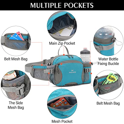 Peicees Large Water-Resistant Hiking Fanny Pack with Bottle Holder - Blue