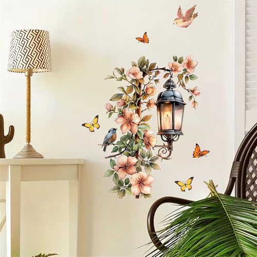 Street Lamp Flower Butterfly Wall Stickers, sacinora Streetlight Floral Art Wall Decals Removable Vinyl Peel and Stick for Living Room Bedroom Playroom Home Decorations
