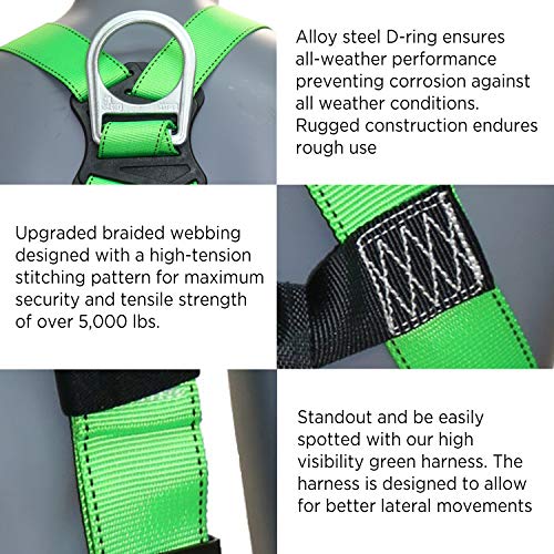 AFP Universal Full-Body Fall Protection Safety Harness with Dorsal D-Ring and Mating Buckle Legs | Roofer, Construction, Scaffolding PPE | High-Visibility Green [OSHA/ANSI Compliant]