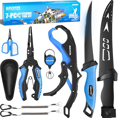 EZUVITA 7-Piece Fishing Tool Kit with Lip Gripper, Fillet Knife & Pliers