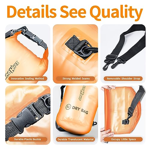 Zanhour 5L Waterproof Dry Bag Roll Top - Transparent Orange Kayak/Travel Bag