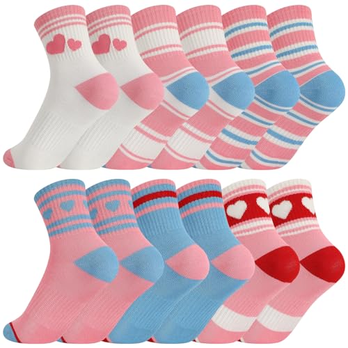 Girls Athletic Crew Socks - 6 Pairs, 3-6 Years, Blue Pink White