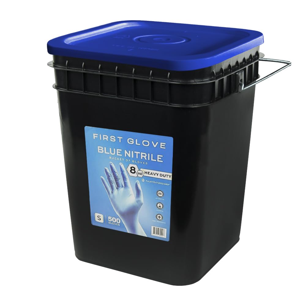 First Glove Nitrile 8 Mil Bucket Fully Textured Blue Gloves - Heavy Duty Gloves for Industrial Automotive, Food, Janitorial & Work - Glove with Diamond Grip & Powder-Free - 500 Count Large