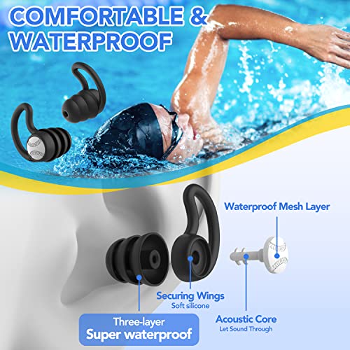 Swimming Ear Plugs - 2 Pairs Silicone Waterproof Earplugs - Black