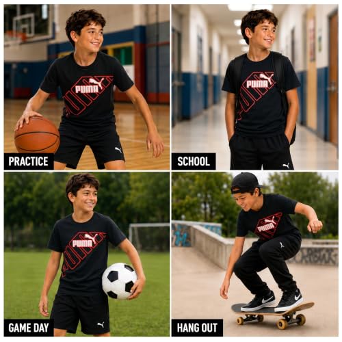 PUMA Boys Medium Black Red Athletic Crewneck T-Shirt - Sizes S-XL