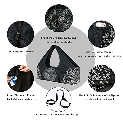 Large Yoga Mat Bag with Zipper & Pockets - Mandala Black 30"x9"x11"