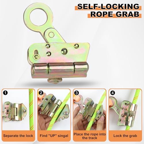 Rope Harness Safety Lanyard 50FT Fall Protection Vertical Roofing Rope with Grab Snap Hooks Shock Absorber Safety Ropes Tree Climbing Line Kit Heavy Duty Roof Safety Equipment