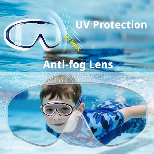 Pixel Panda Kids Swim Goggles 2 Pack for Ages 6-14, Anti-Fog UV Wide View, Blue Variation