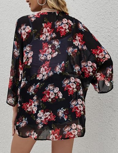 Floral Beach Cover Up Kimono Cardigan - Black, X-Large