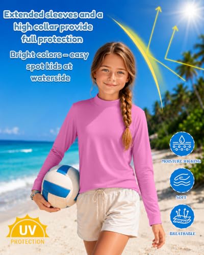 Kids' Long Sleeve Rash Guard Swimwear - UPF 50+, Mock Neck, 3 Pack - Pink, Gray, White | Ages 13-14