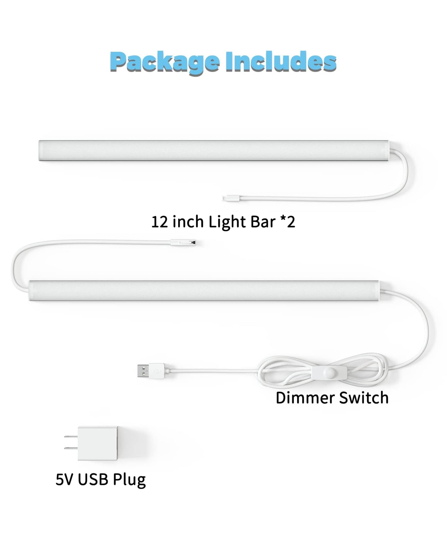 ASOKO HOME Dimmable Wired Under Cabinet Lighting - 2 Pack of 12-Inch Cold White 6000K Linkable USB LED Lights for Kitchen, Desk, Sink, and Workbench