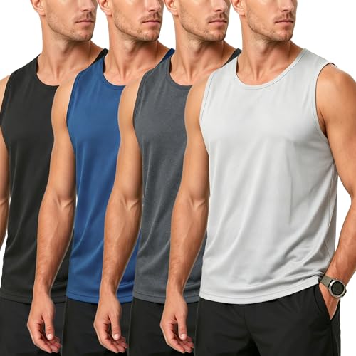 Men's Workout Mesh Tank Tops - Sleeveless Gym Shirts, 4 Pack - Black/Charcoal Gray/Gray White/Blue, Large