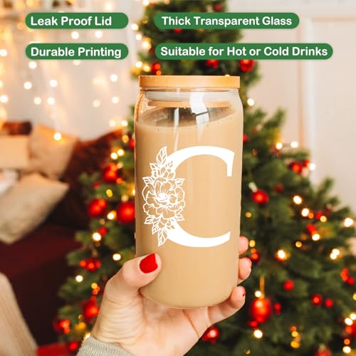 Coolife Monogrammed Glass Tumbler C - 16oz Personalized Coffee Cup with Lid, Gift for Women