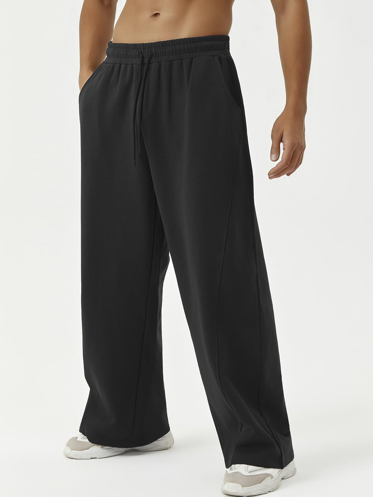 ATOFY Men's Baggy Sweatpants Wide Leg Pants Elastic Waist Drawstring Loose Lounge Joggers Sweatpant with Pockets Black