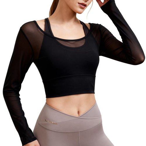 Harssidanzar Women's 2 in 1 Yoga Long Sleeve Mesh Gym Athletic Tops Workout Shirts with Medium Support Sports Bra CL301US, Black, Size Small